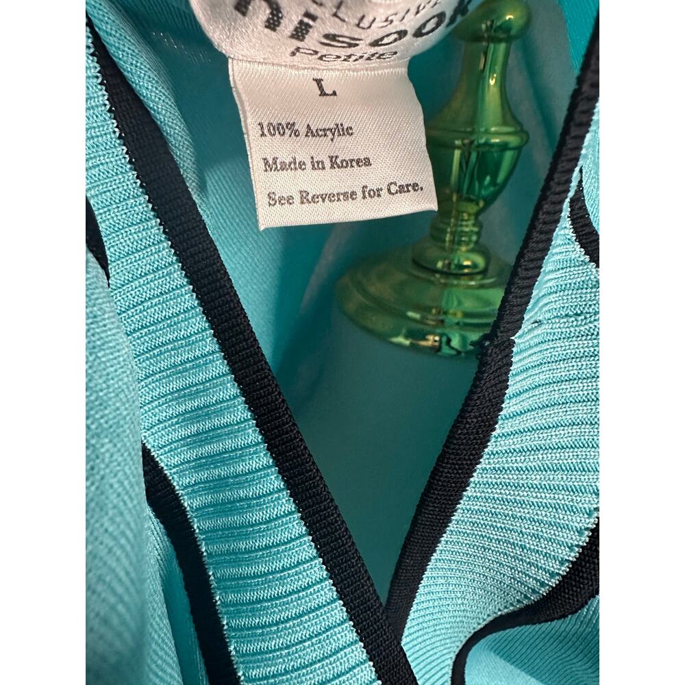EUC Vintage Misook Jacket Petite Large Front Cardigan Classic Knit Aqua Black PL - Picture 8 of 12